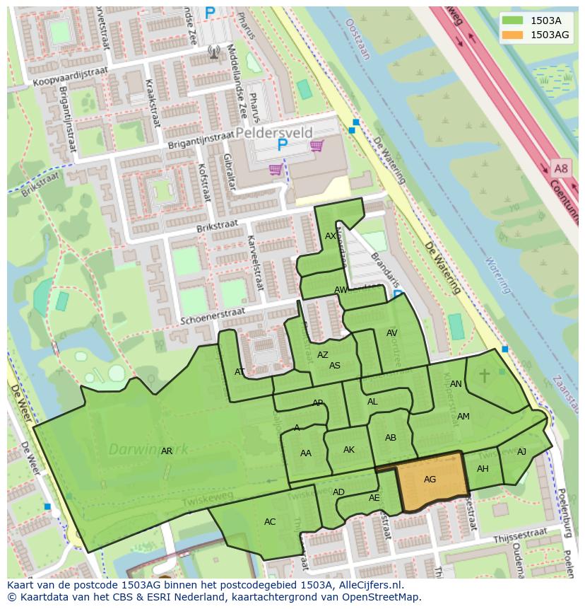 Afbeelding van het postcodegebied 1503 AG op de kaart.
