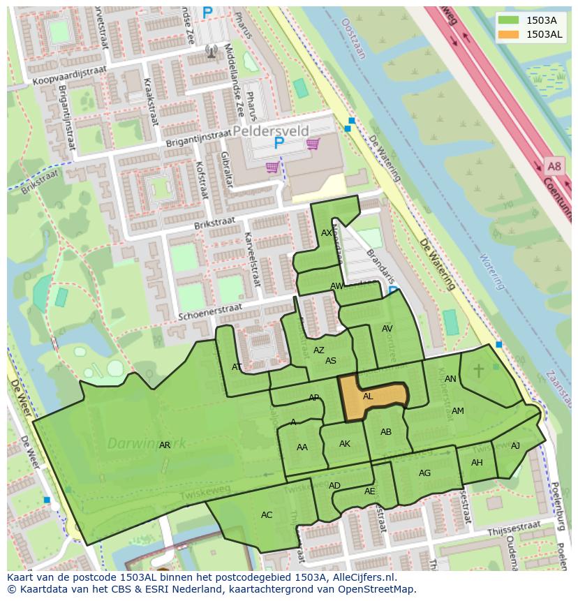 Afbeelding van het postcodegebied 1503 AL op de kaart.