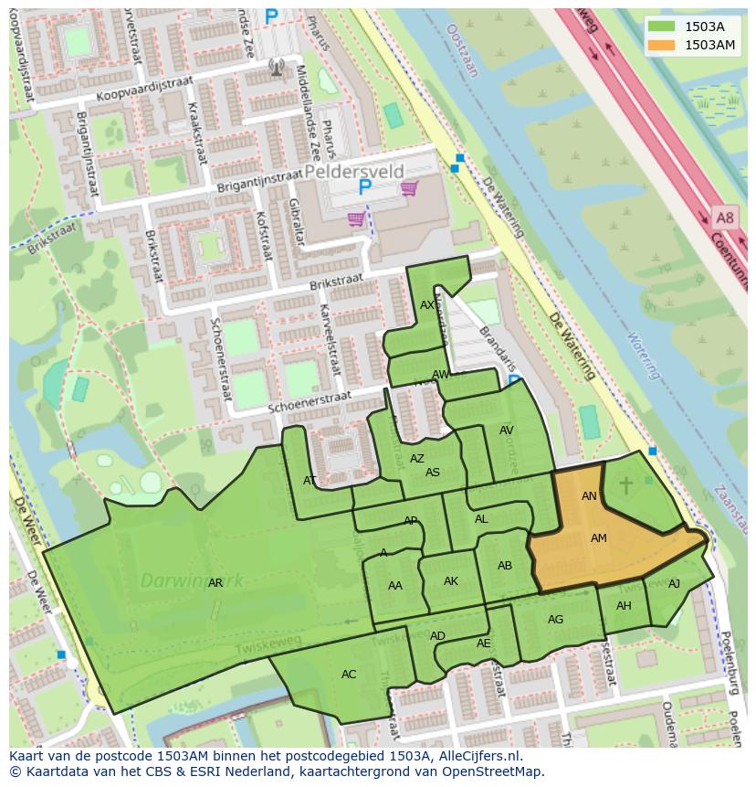Afbeelding van het postcodegebied 1503 AM op de kaart.