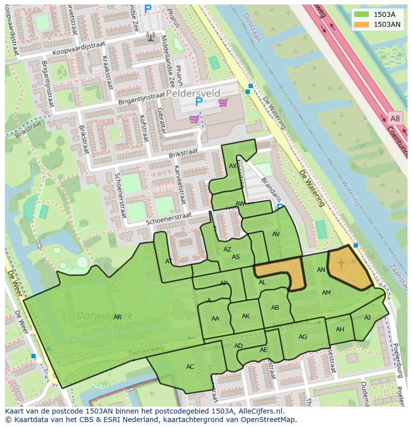 Afbeelding van het postcodegebied 1503 AN op de kaart.