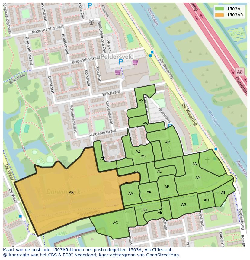 Afbeelding van het postcodegebied 1503 AR op de kaart.