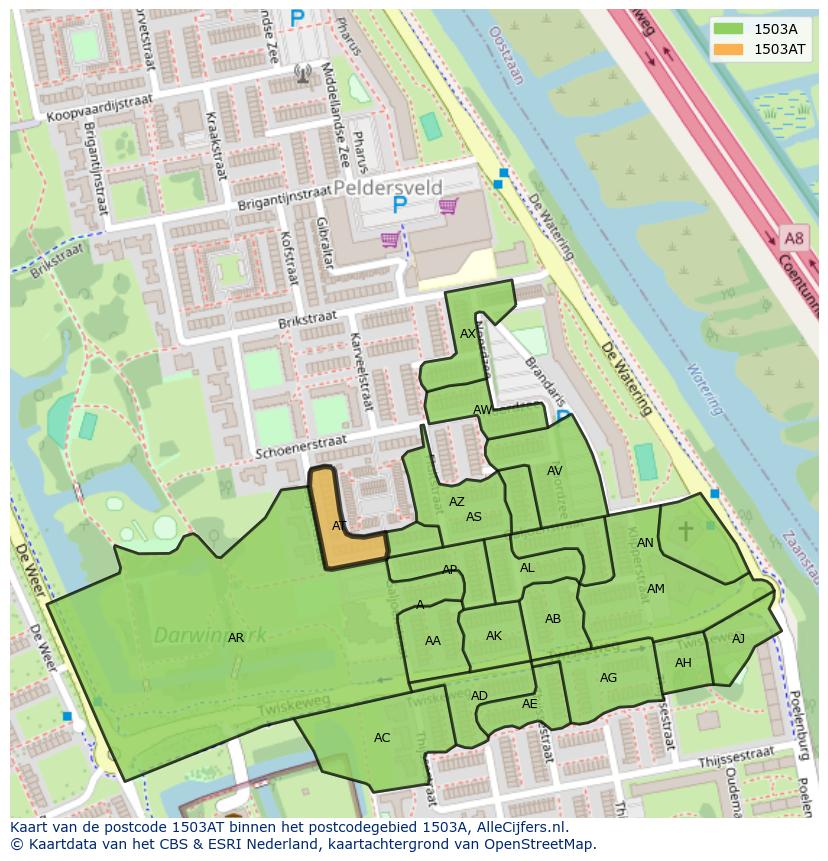 Afbeelding van het postcodegebied 1503 AT op de kaart.