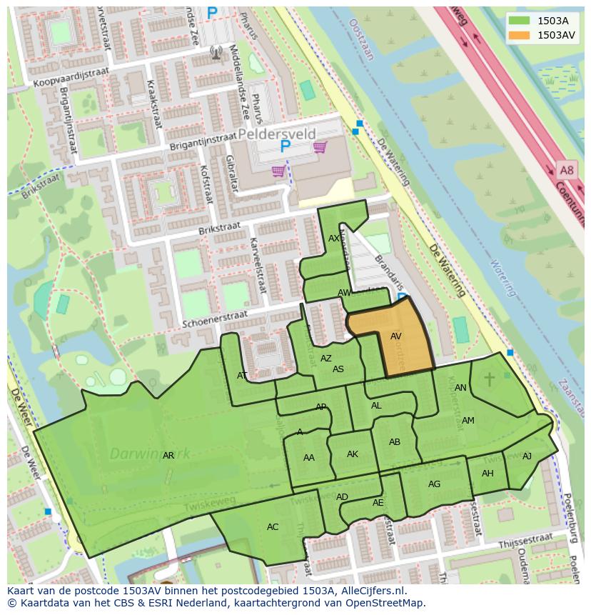 Afbeelding van het postcodegebied 1503 AV op de kaart.