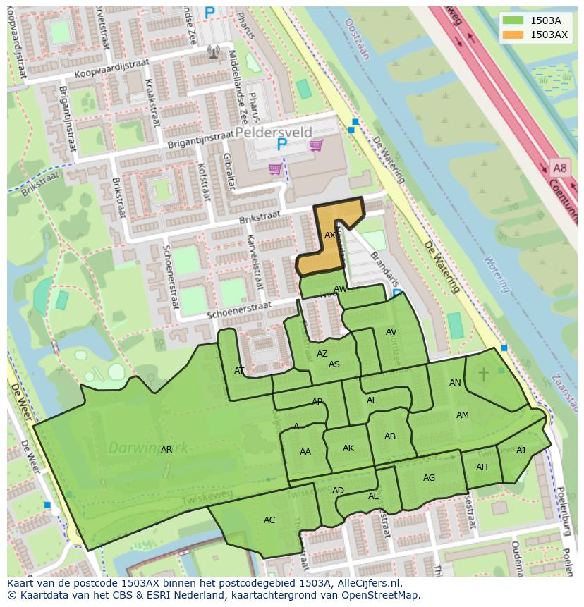 Afbeelding van het postcodegebied 1503 AX op de kaart.