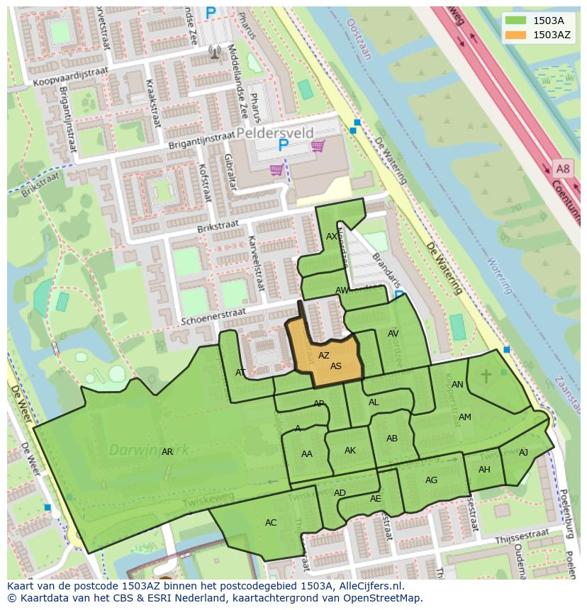 Afbeelding van het postcodegebied 1503 AZ op de kaart.
