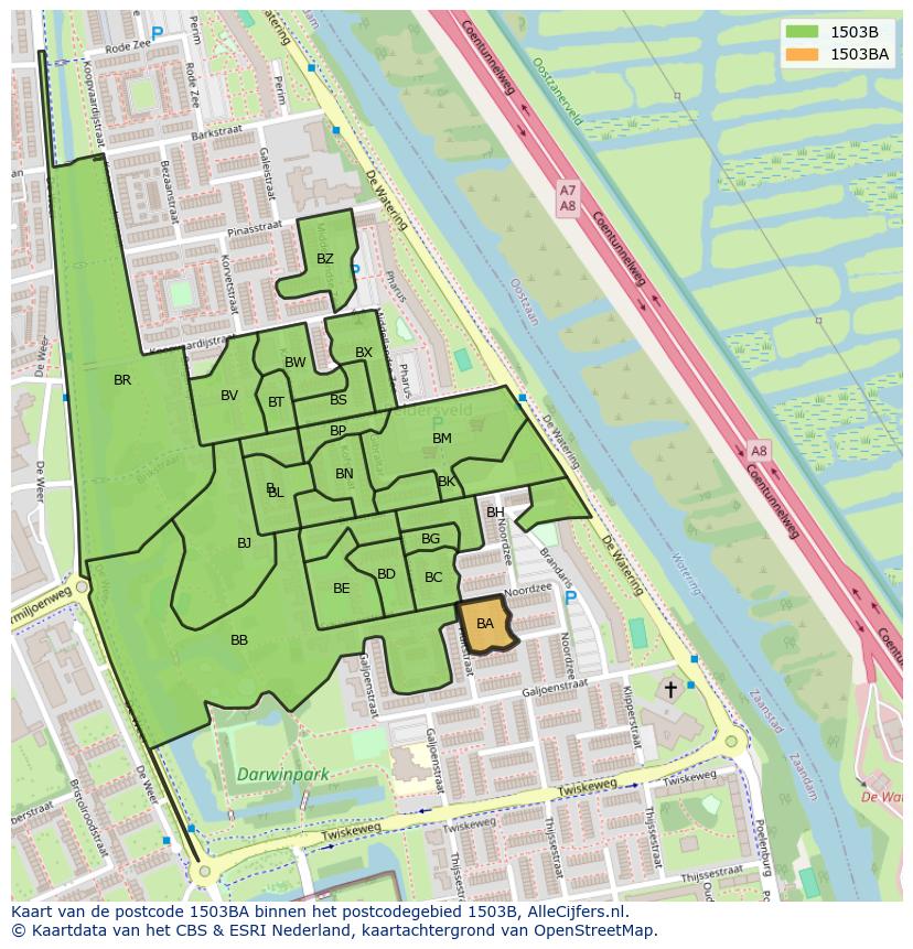 Afbeelding van het postcodegebied 1503 BA op de kaart.