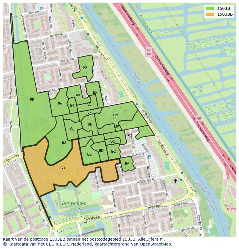 Afbeelding van het postcodegebied 1503 BB op de kaart.
