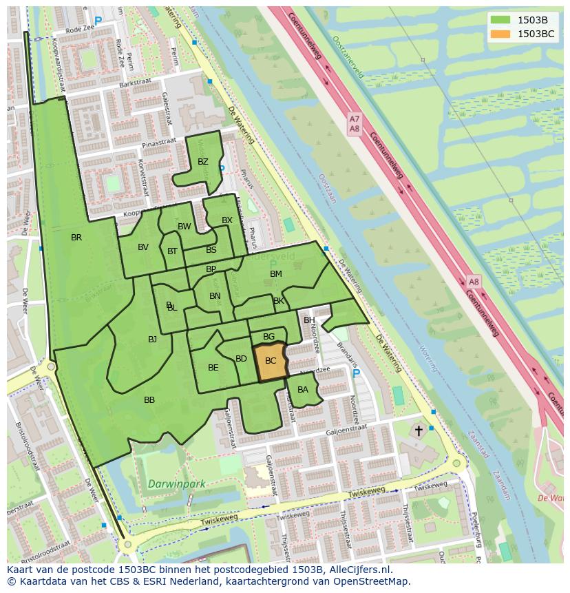 Afbeelding van het postcodegebied 1503 BC op de kaart.
