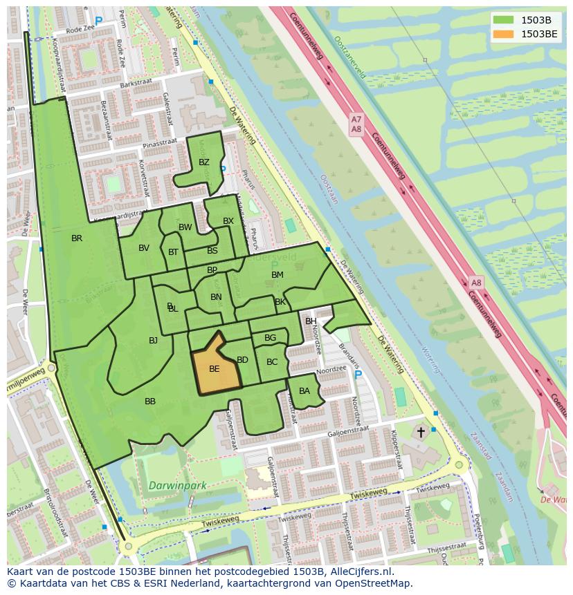 Afbeelding van het postcodegebied 1503 BE op de kaart.