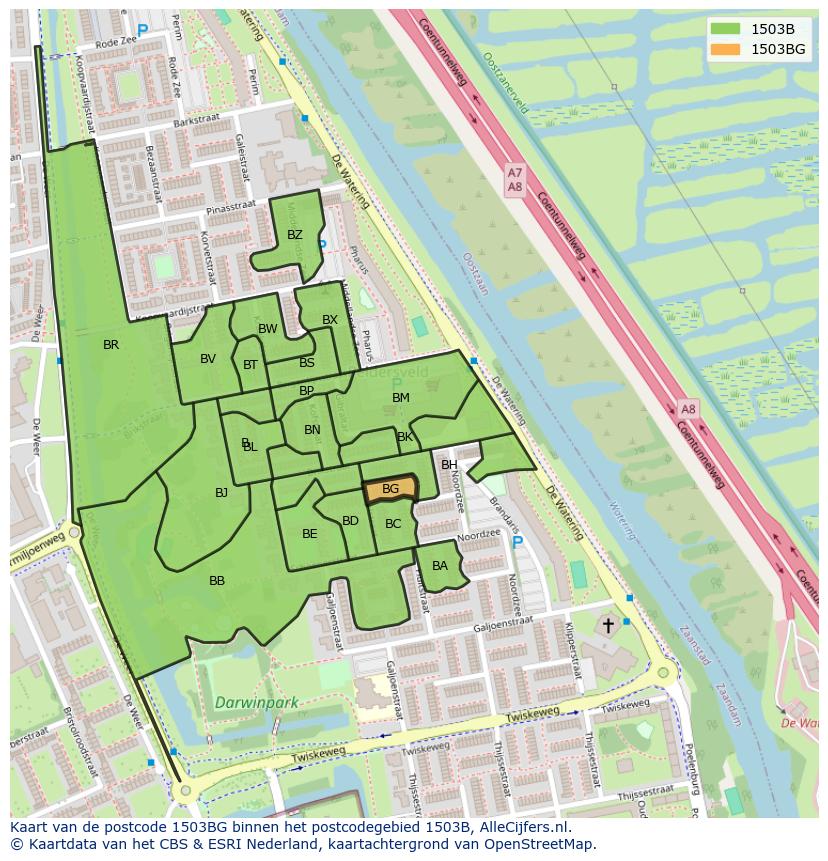 Afbeelding van het postcodegebied 1503 BG op de kaart.