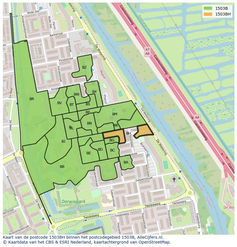 Afbeelding van het postcodegebied 1503 BH op de kaart.