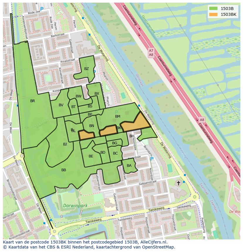 Afbeelding van het postcodegebied 1503 BK op de kaart.