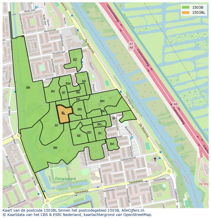Afbeelding van het postcodegebied 1503 BL op de kaart.
