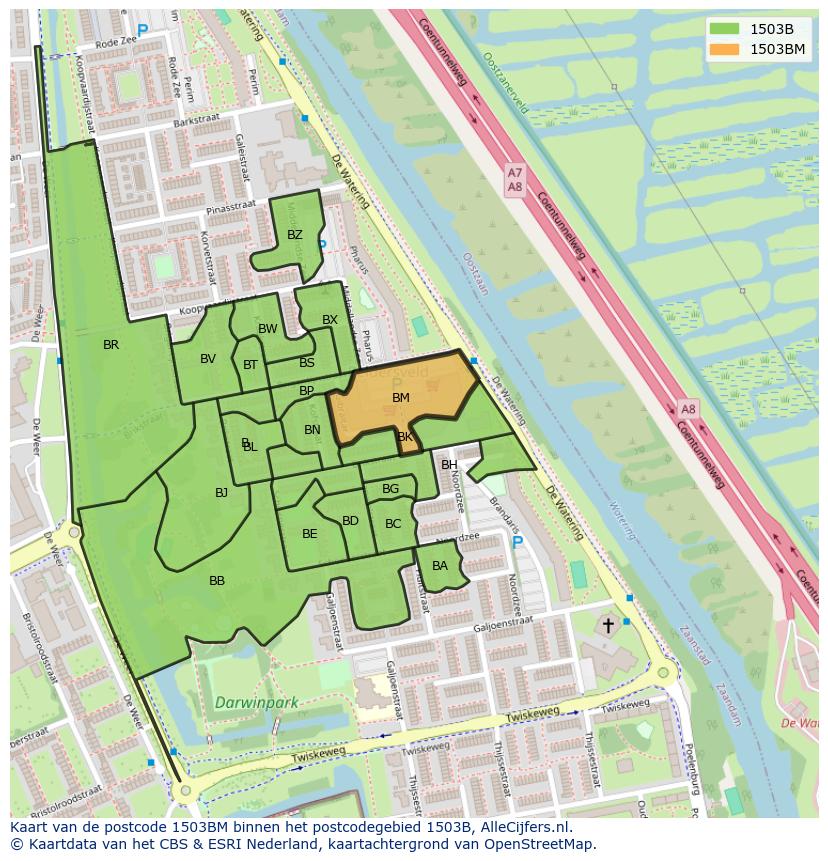 Afbeelding van het postcodegebied 1503 BM op de kaart.