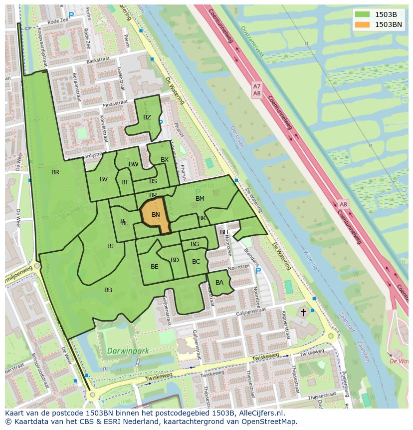 Afbeelding van het postcodegebied 1503 BN op de kaart.