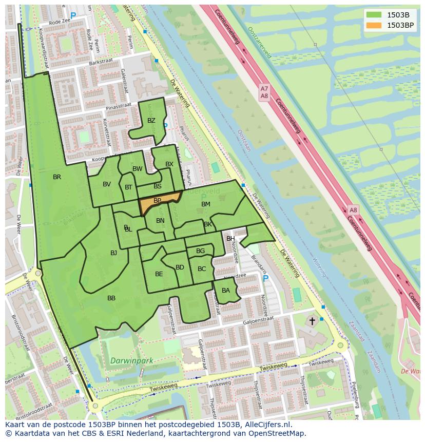 Afbeelding van het postcodegebied 1503 BP op de kaart.