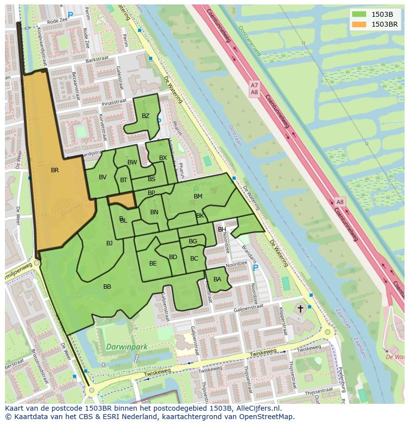 Afbeelding van het postcodegebied 1503 BR op de kaart.