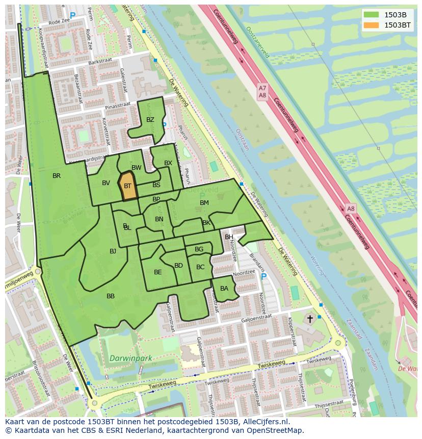 Afbeelding van het postcodegebied 1503 BT op de kaart.