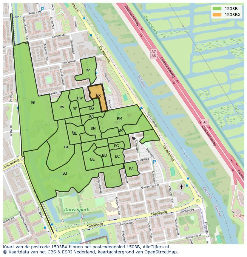 Afbeelding van het postcodegebied 1503 BX op de kaart.