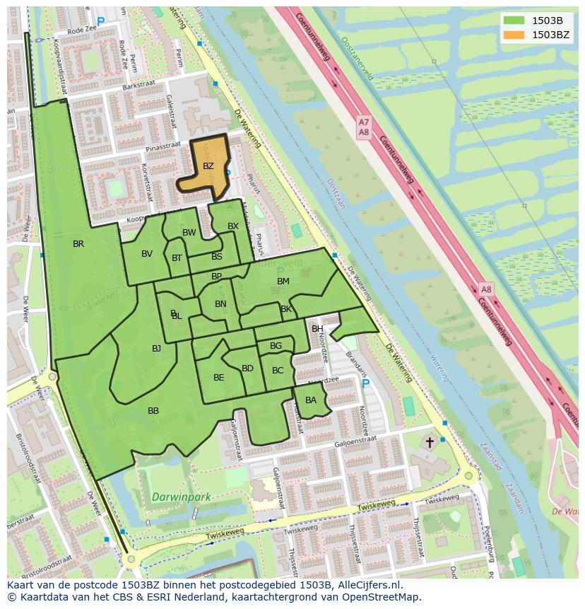 Afbeelding van het postcodegebied 1503 BZ op de kaart.