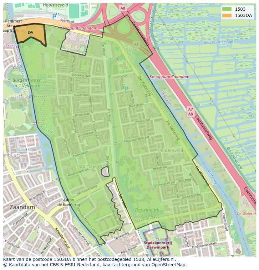 Afbeelding van het postcodegebied 1503 DA op de kaart.