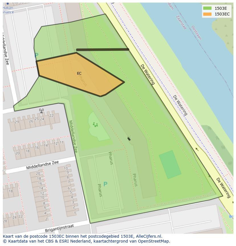 Afbeelding van het postcodegebied 1503 EC op de kaart.