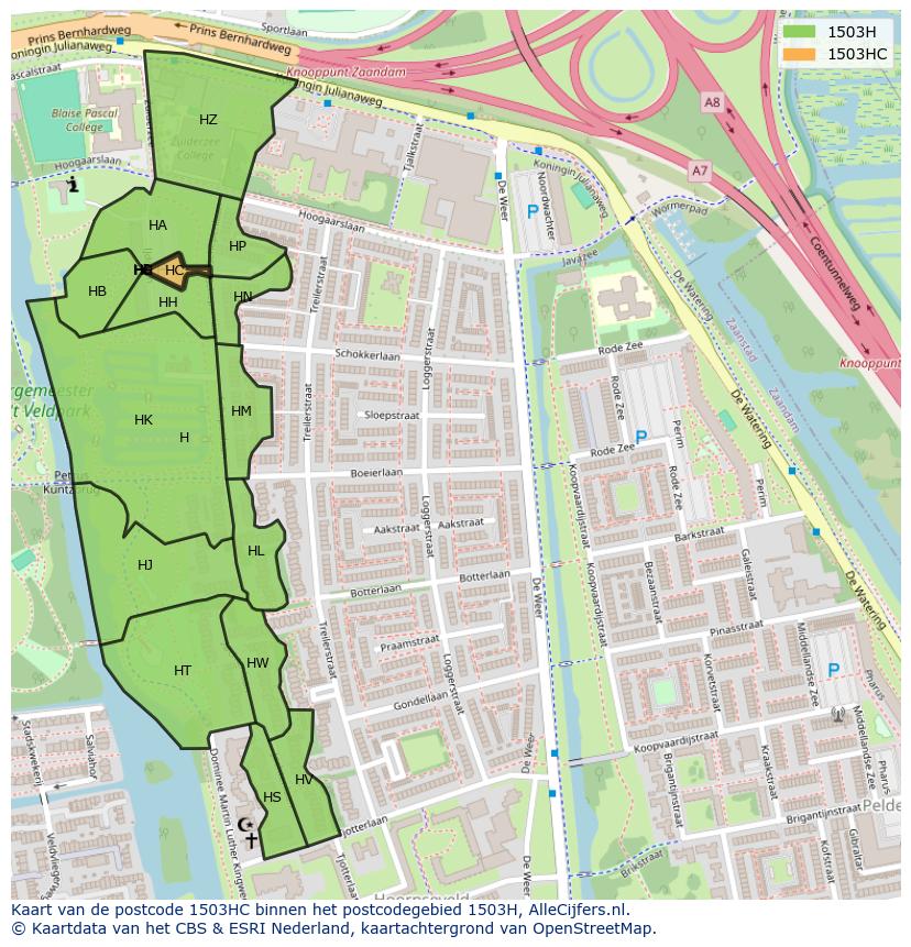 Afbeelding van het postcodegebied 1503 HC op de kaart.