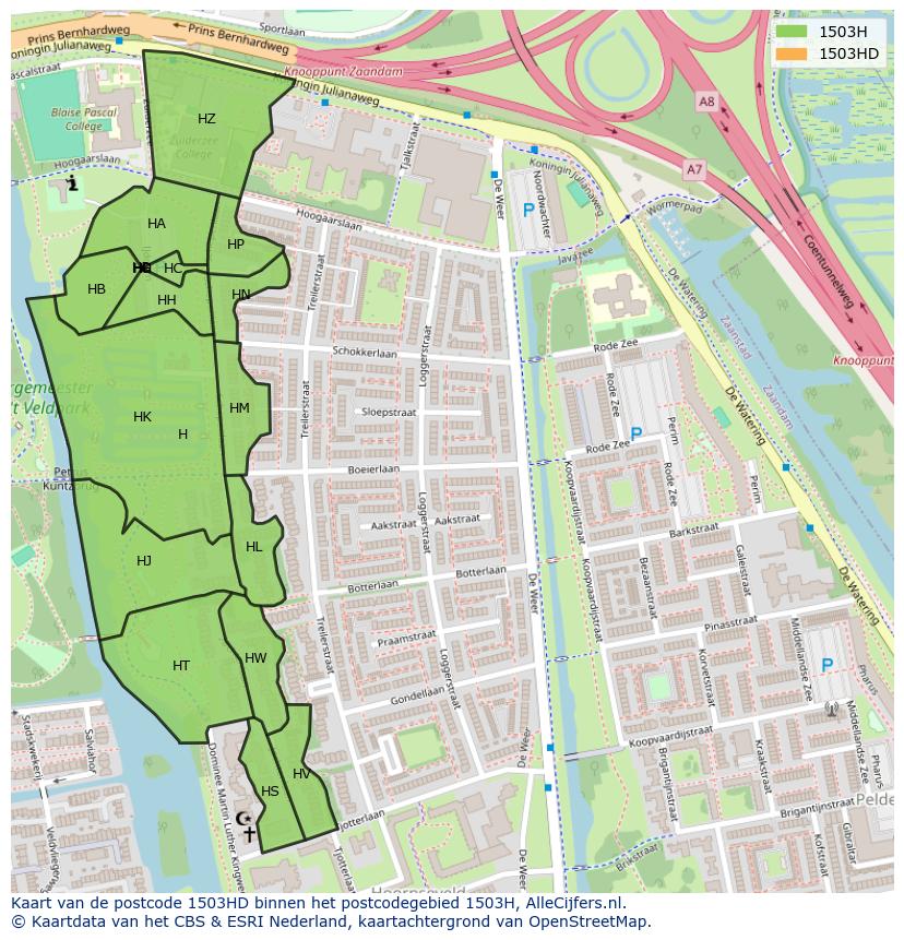 Afbeelding van het postcodegebied 1503 HD op de kaart.