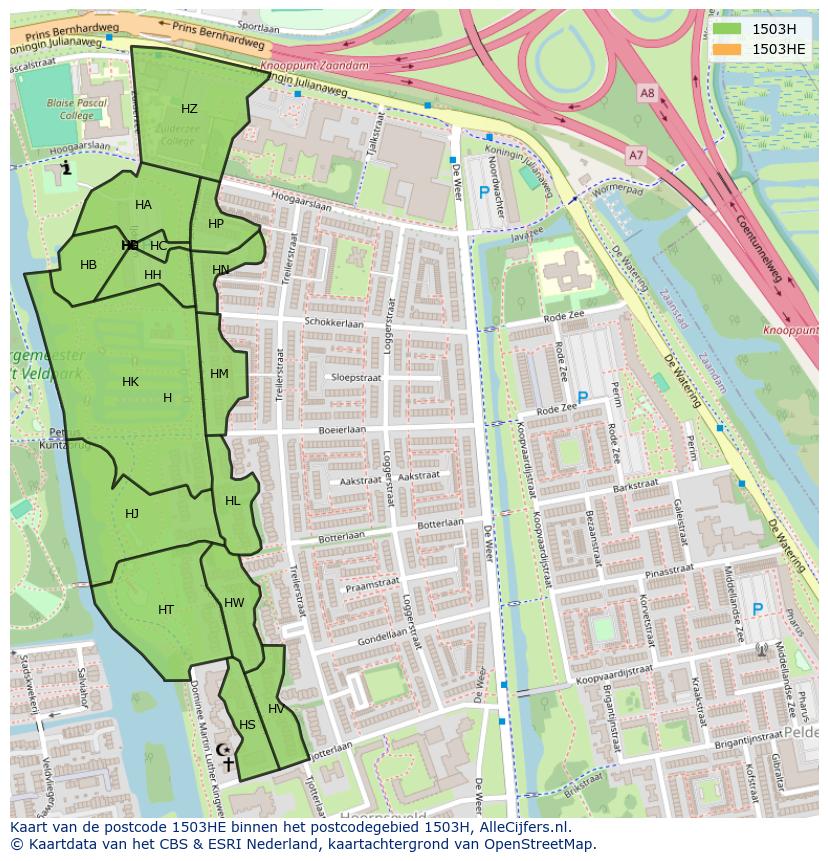 Afbeelding van het postcodegebied 1503 HE op de kaart.