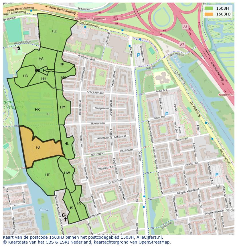 Afbeelding van het postcodegebied 1503 HJ op de kaart.