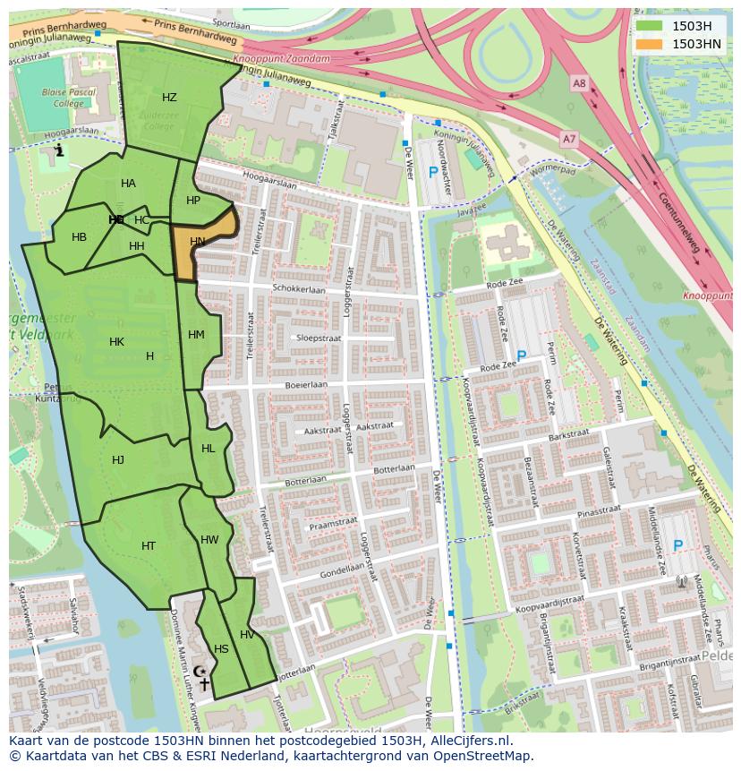 Afbeelding van het postcodegebied 1503 HN op de kaart.
