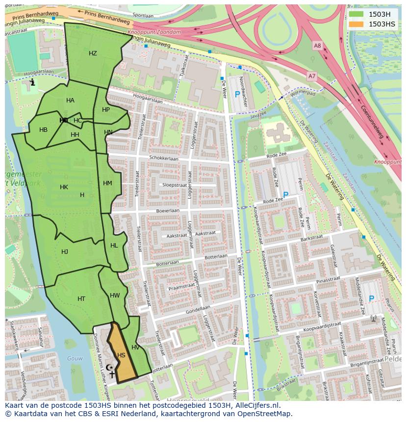 Afbeelding van het postcodegebied 1503 HS op de kaart.