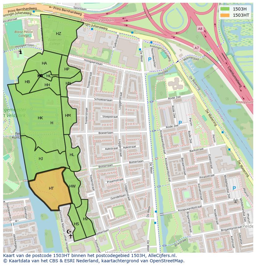 Afbeelding van het postcodegebied 1503 HT op de kaart.