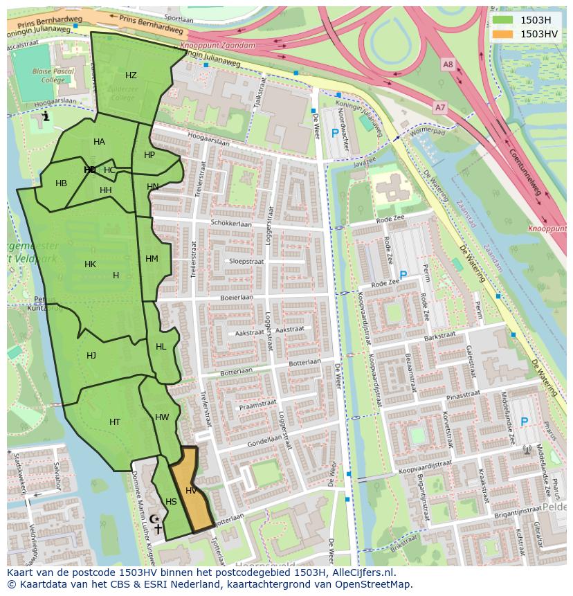 Afbeelding van het postcodegebied 1503 HV op de kaart.