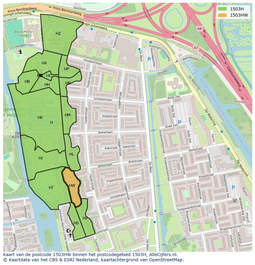 Afbeelding van het postcodegebied 1503 HW op de kaart.