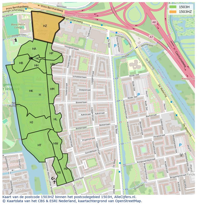 Afbeelding van het postcodegebied 1503 HZ op de kaart.