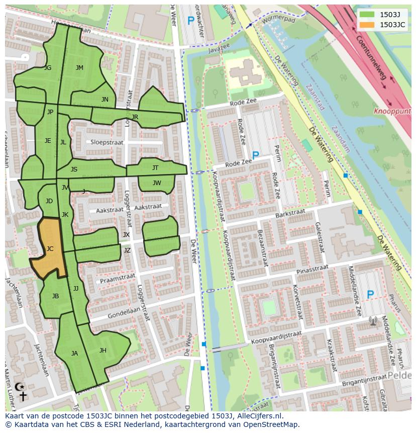 Afbeelding van het postcodegebied 1503 JC op de kaart.