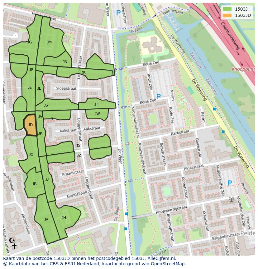 Afbeelding van het postcodegebied 1503 JD op de kaart.