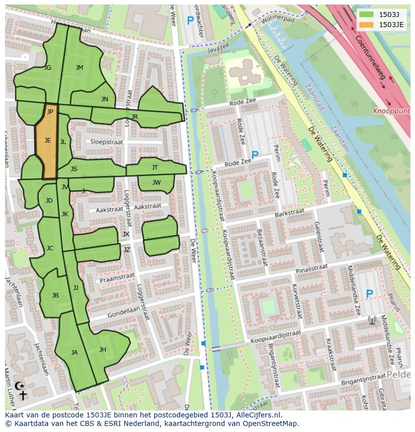 Afbeelding van het postcodegebied 1503 JE op de kaart.