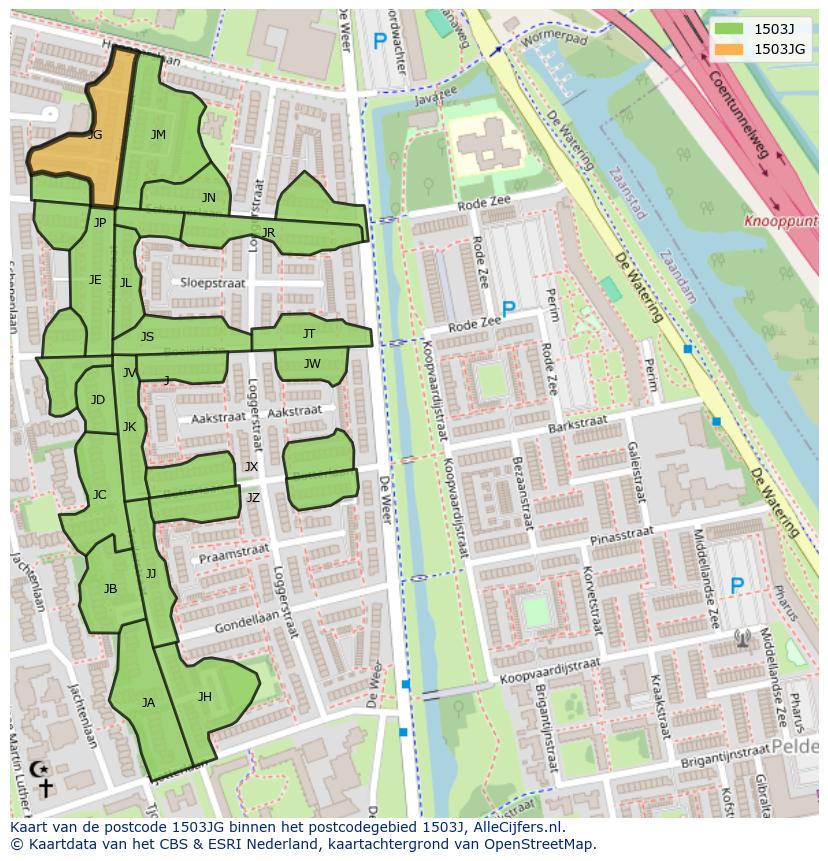 Afbeelding van het postcodegebied 1503 JG op de kaart.