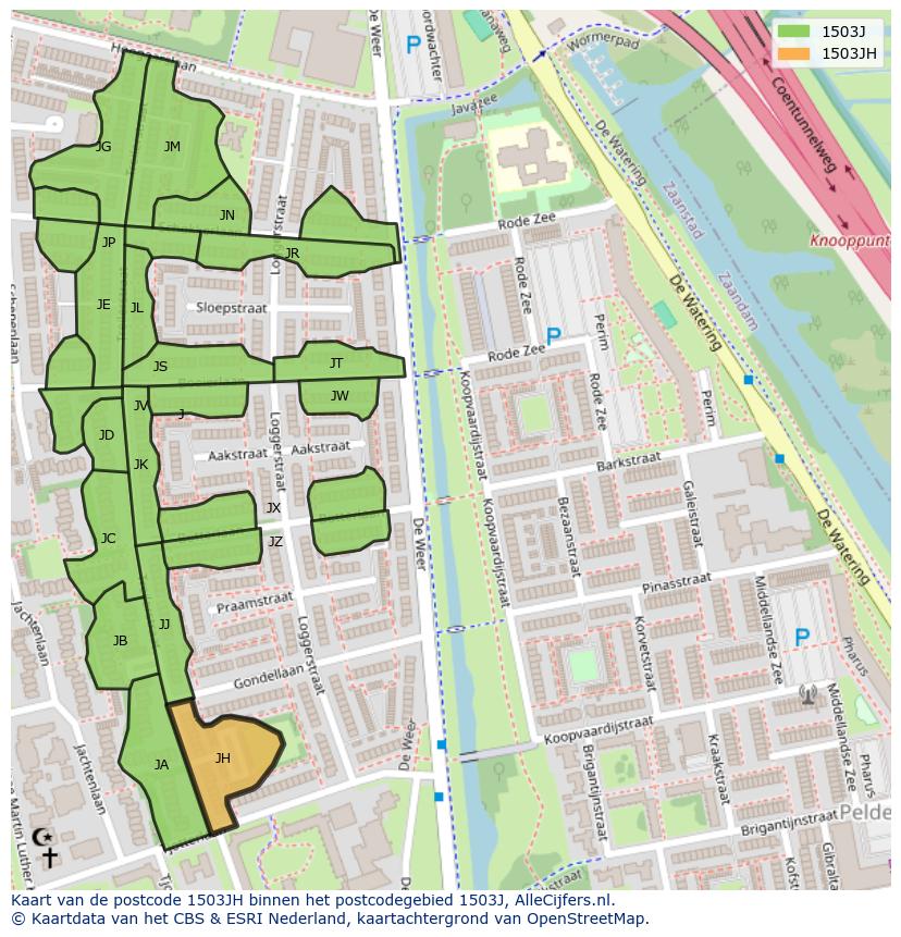 Afbeelding van het postcodegebied 1503 JH op de kaart.