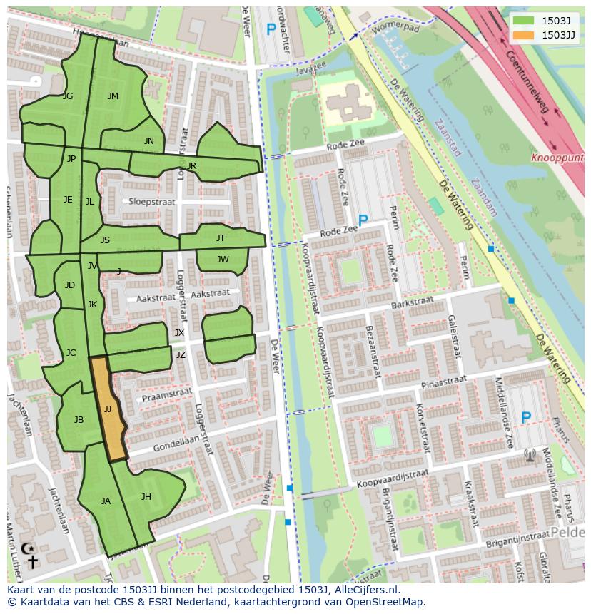 Afbeelding van het postcodegebied 1503 JJ op de kaart.