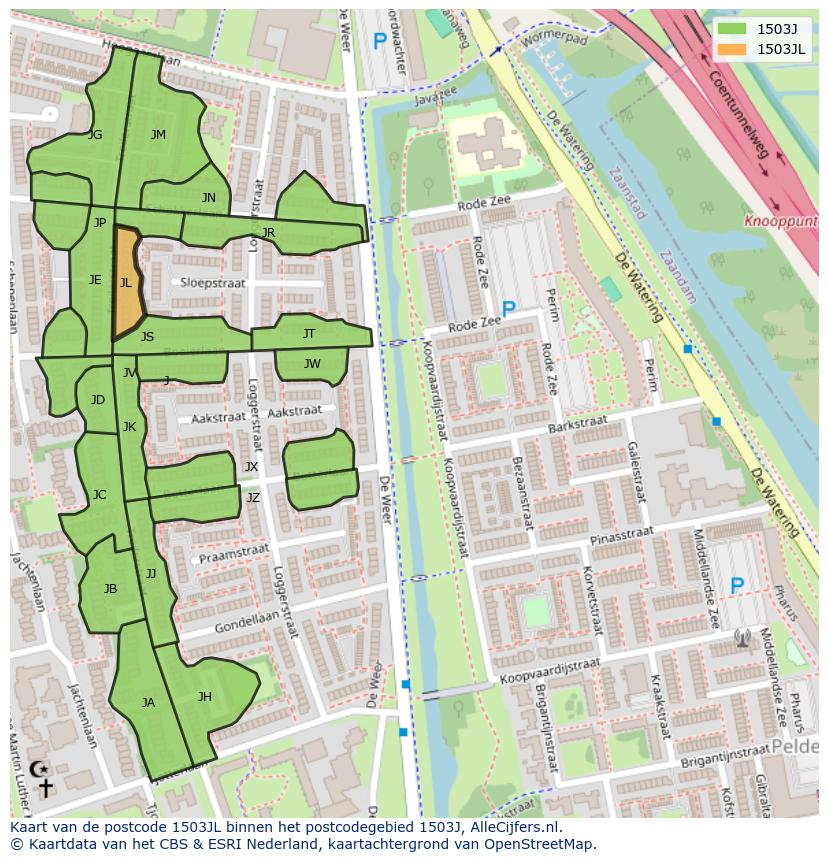 Afbeelding van het postcodegebied 1503 JL op de kaart.