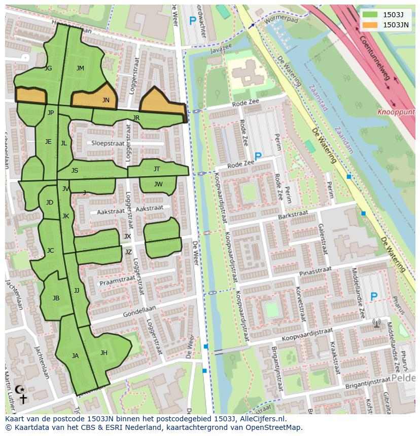 Afbeelding van het postcodegebied 1503 JN op de kaart.