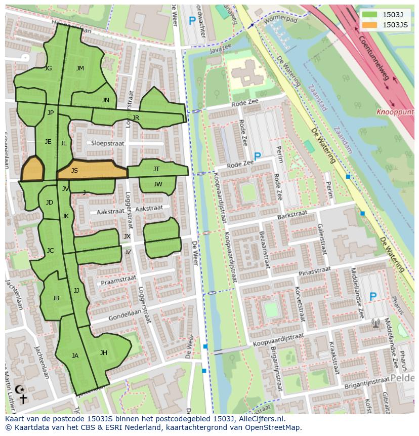 Afbeelding van het postcodegebied 1503 JS op de kaart.