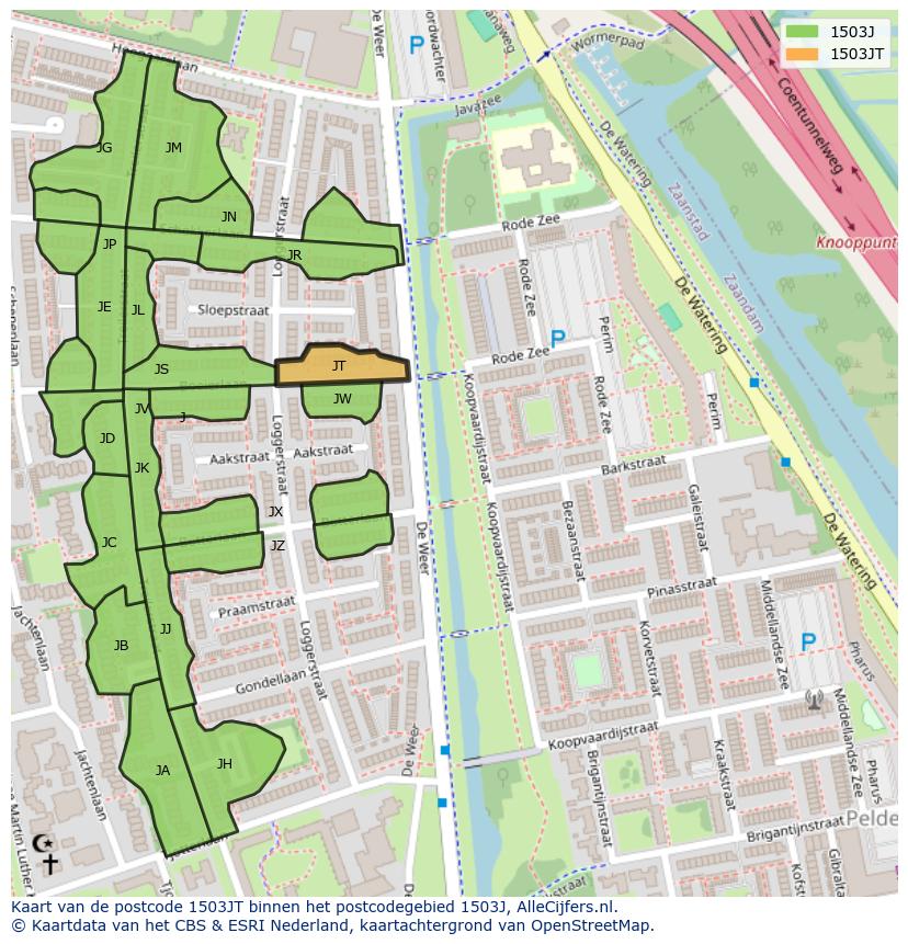 Afbeelding van het postcodegebied 1503 JT op de kaart.