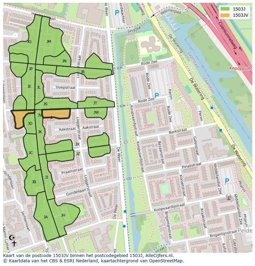 Afbeelding van het postcodegebied 1503 JV op de kaart.