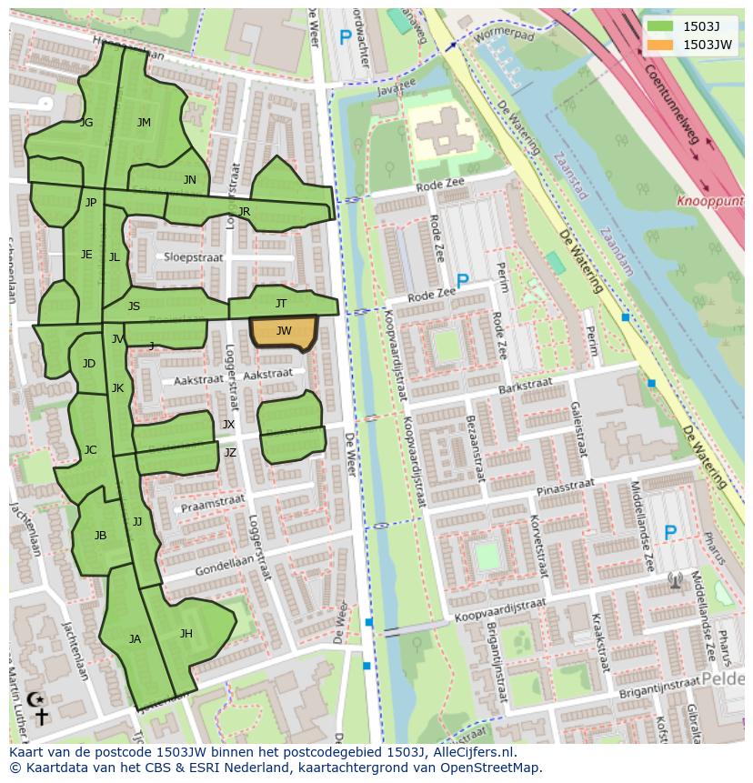 Afbeelding van het postcodegebied 1503 JW op de kaart.