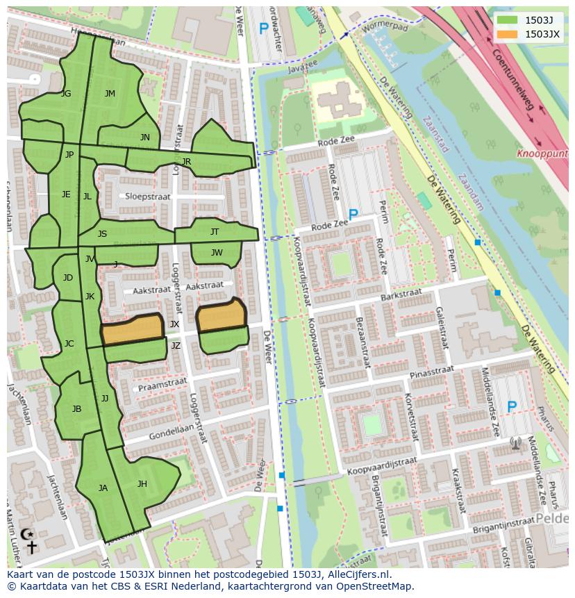 Afbeelding van het postcodegebied 1503 JX op de kaart.