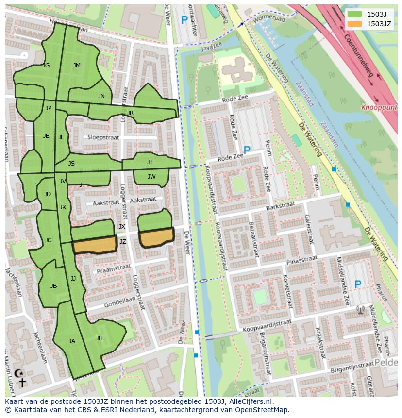 Afbeelding van het postcodegebied 1503 JZ op de kaart.